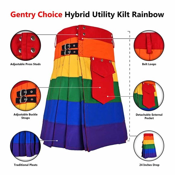 Hybrid Utility Rainbow Kilt with Removable Cargo Pocket Men Cotton Scottish Kilt - Picture 8 of 9